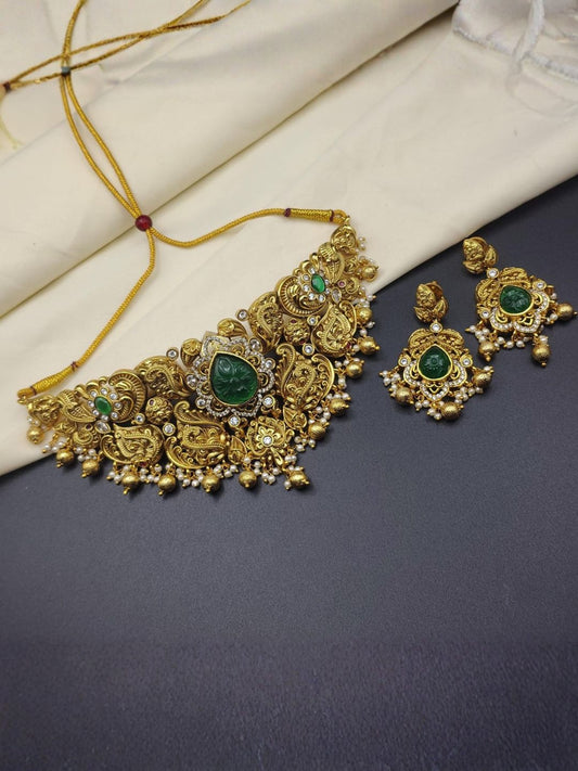 Ishhaara Antique Carved Green Stone Choker Neckalce