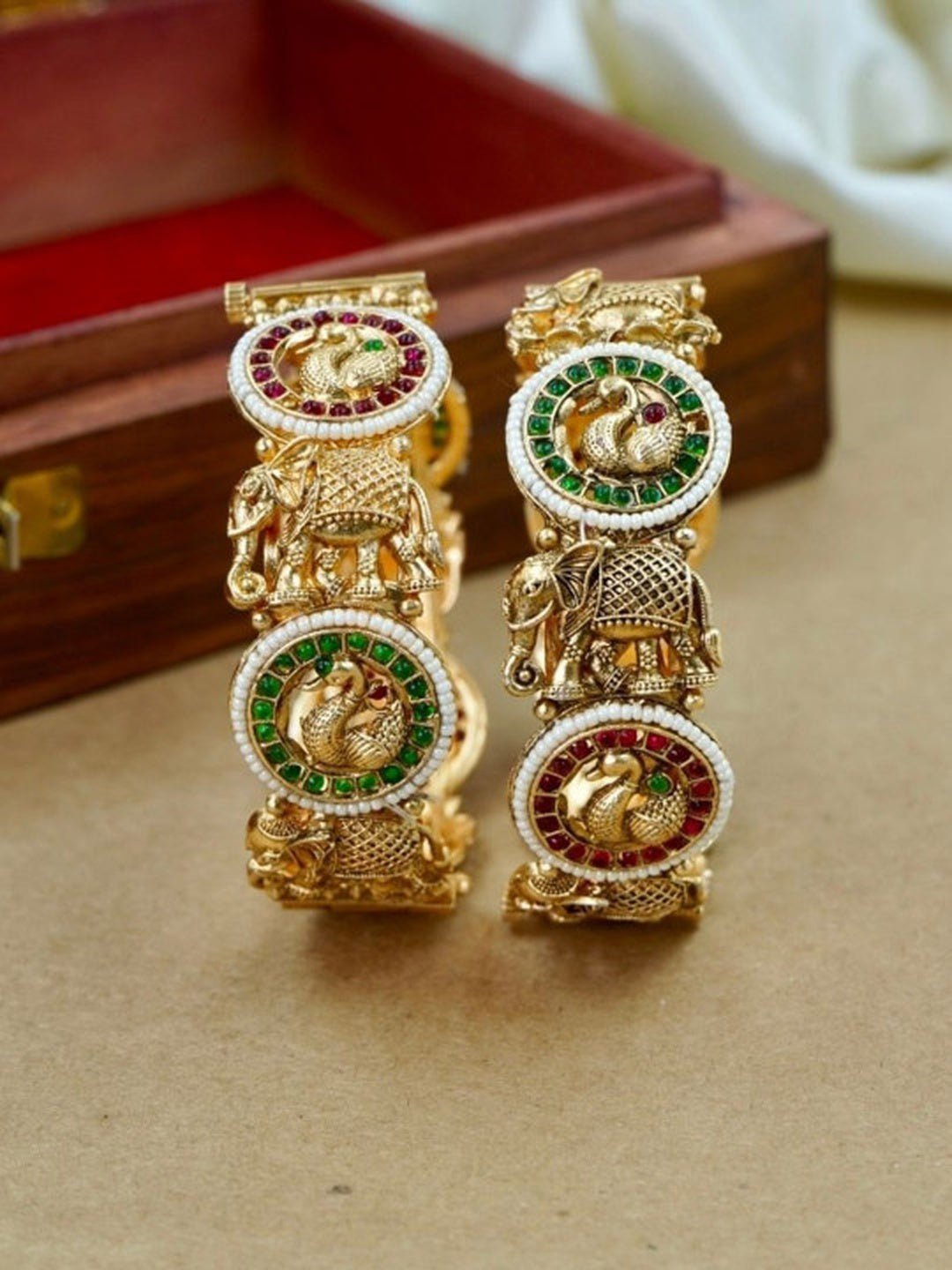 Ishhaara Antique Gold Peacock Bangle - a beautifully crafted gold bangle with peacock motifs and colorful stones - view 2