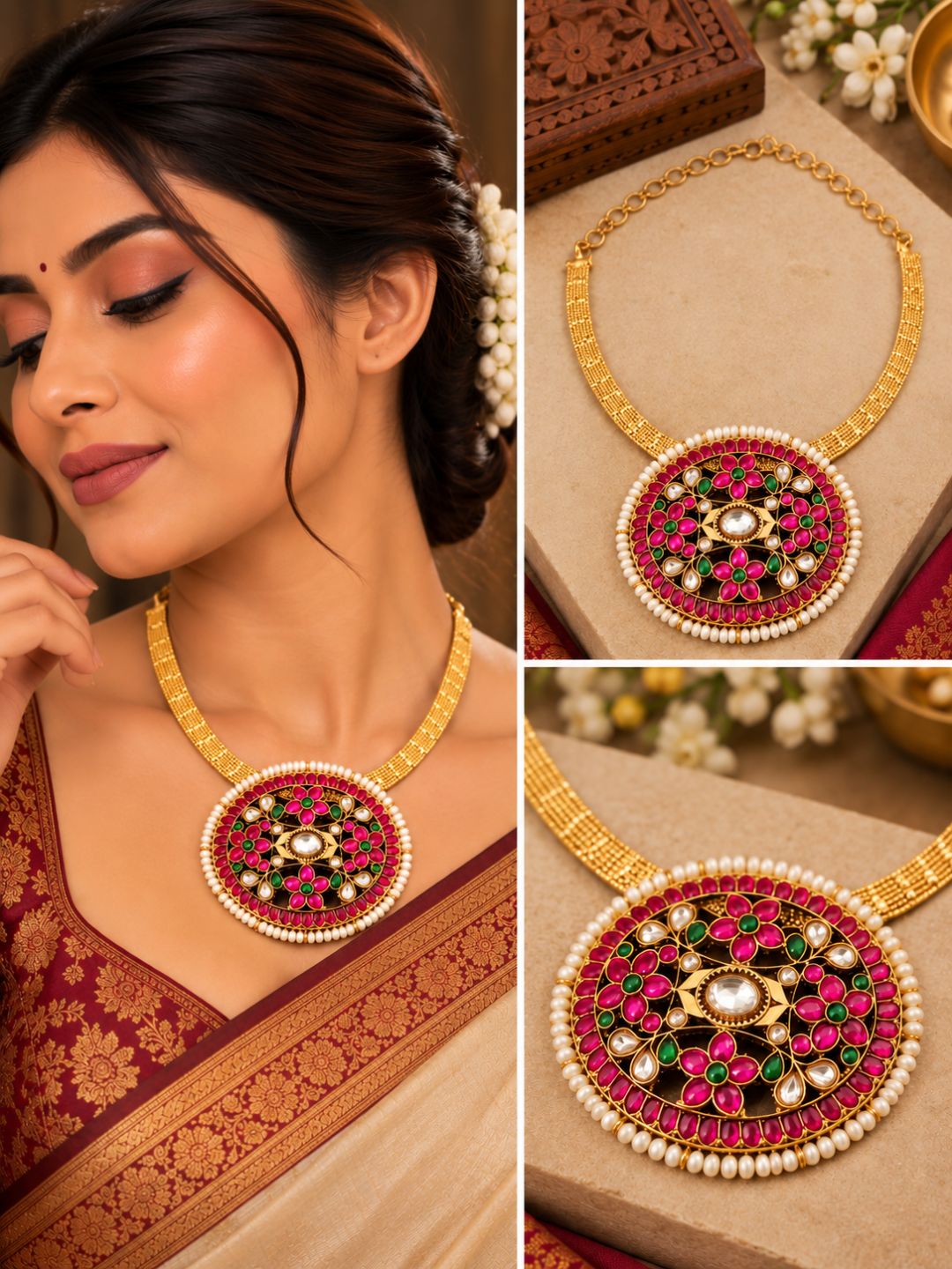 Ishhaara Antique Kemp Studded Pendant Attigai