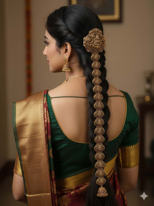 Ishhaara Antique Lakshmi Kemp Flower Gold Drops Hair Choti