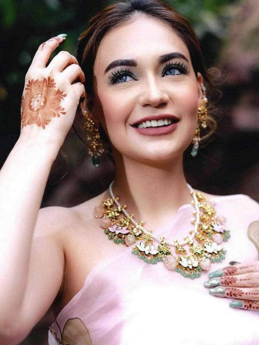 Ishhaara Ashima In Multi Stone Lotus Motif Necklace