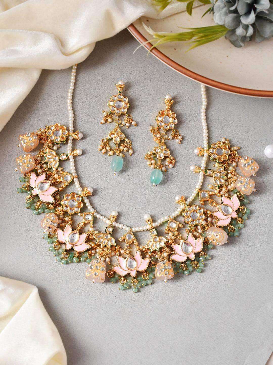 Ishhaara Ashima In Multi Stone Lotus Motif Necklace