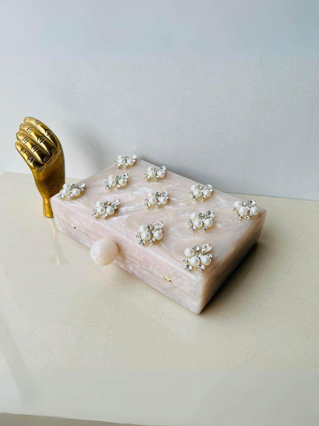Ishhaara Beige Embellished Clutch With Sling
