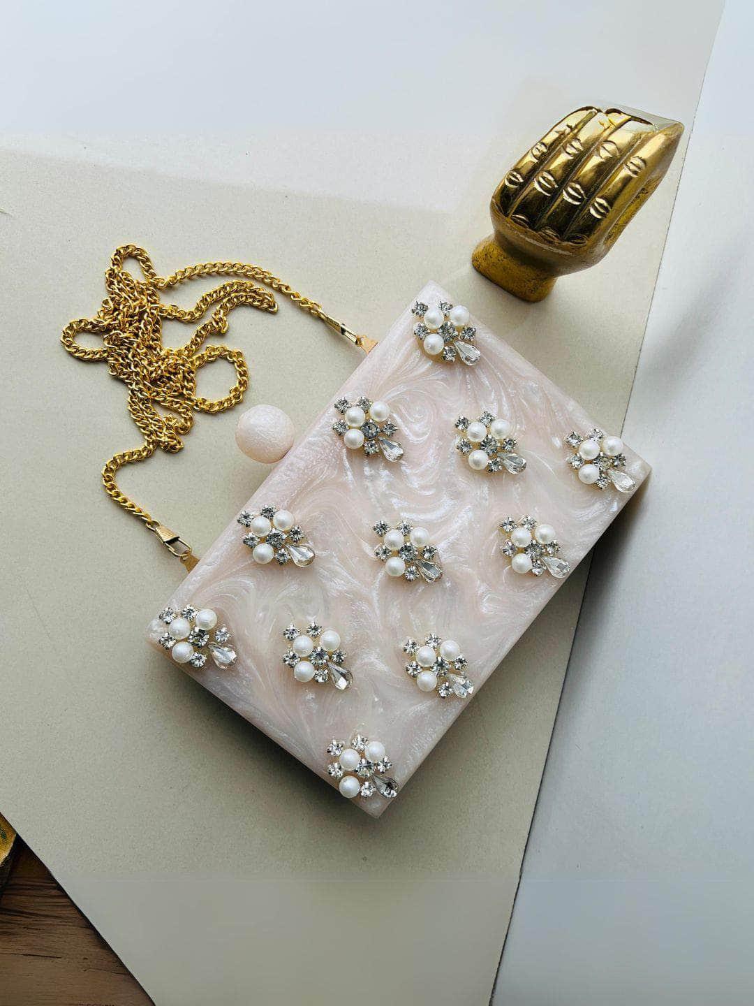 Ishhaara Beige Embellished Clutch With Sling