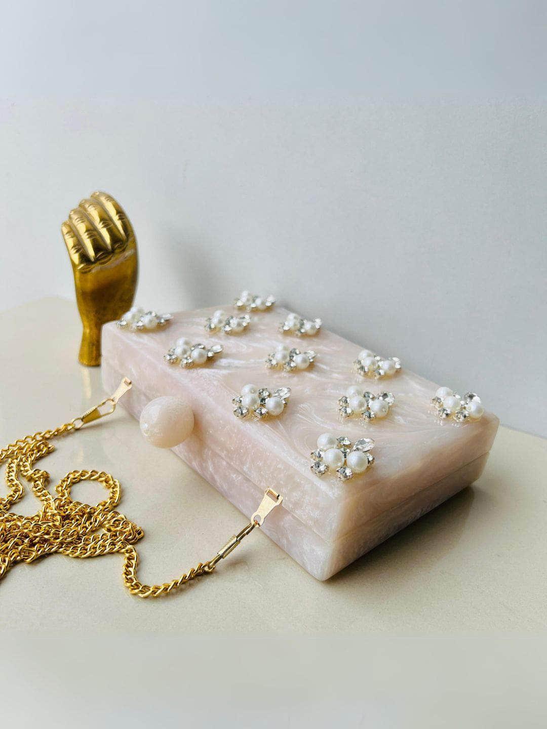 Ishhaara Beige Embellished Clutch With Sling