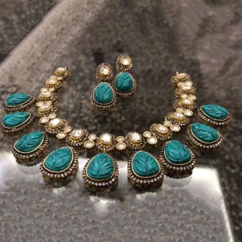 Ishhaara Carved Stone Polki Drop Necklace Set