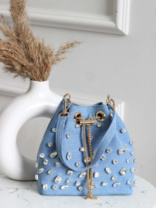 Ishhaara Blue Crystal Denim Bucket Bags