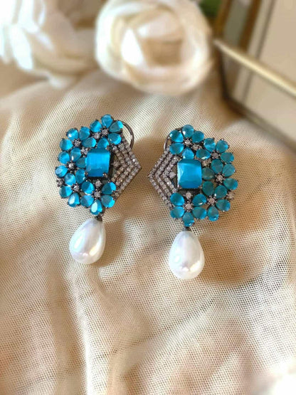 Ishhaara Blue Crystal-Pearl Harmony Earring-White