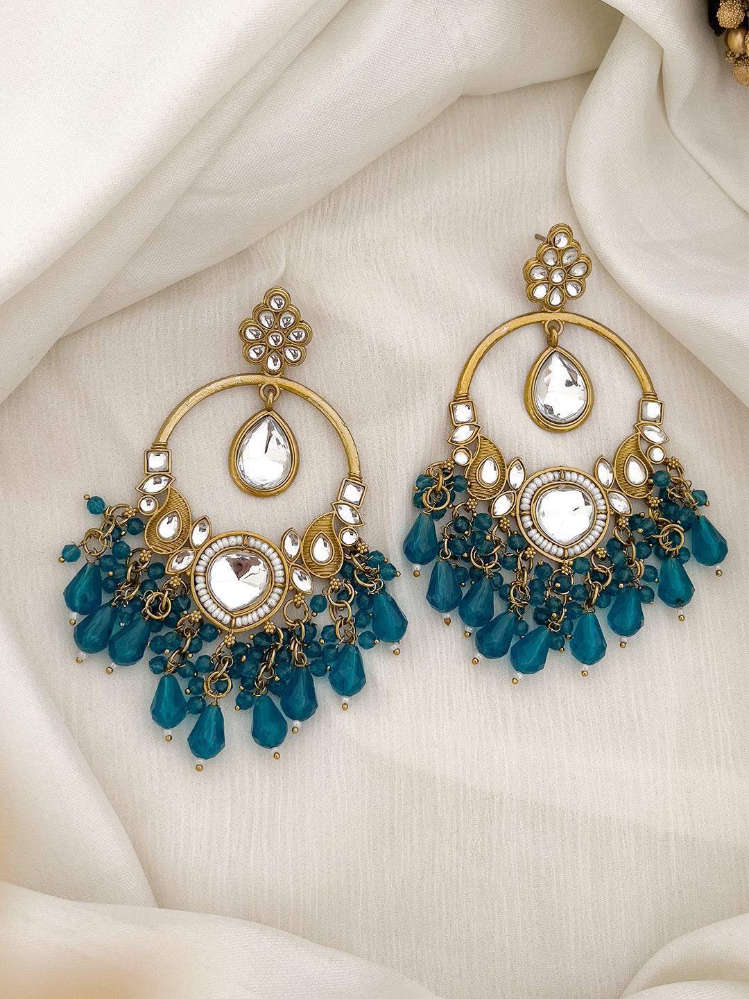 Ishhaara Blue Gold Plated Kundan Statement Earrings