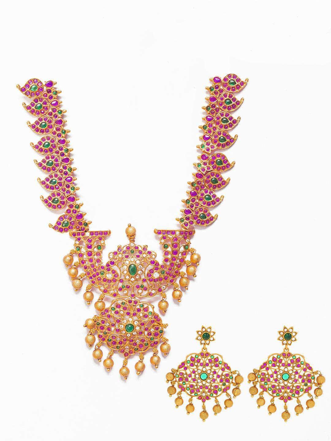 Ishhaara Bridal Red And Green Mango Design Necklace Set