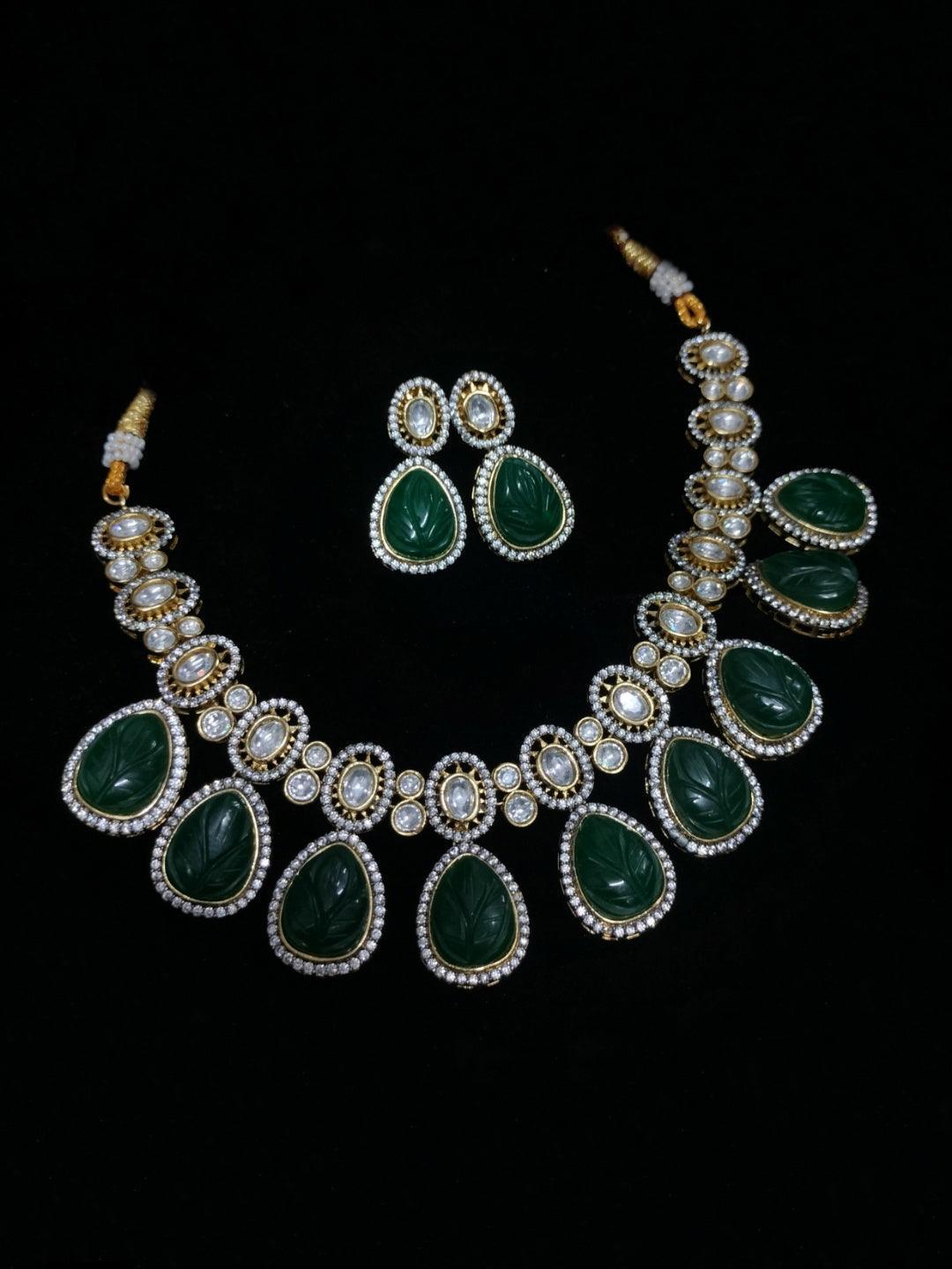 Ishhaara Carved Stone Polki Drop Necklace Set