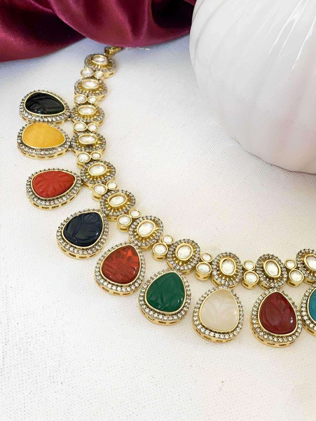 Ishhaara Carved Stone Polki Drop Necklace Set