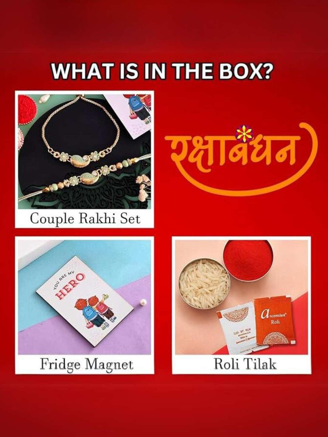 Ishhaara Couple Floral Rakhi With You Are My Hero Fridge Magnet & Roli Tilak