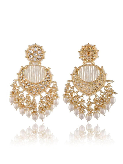 Ishhaara Creamy White Chandbali Kundan Pearl Earrings