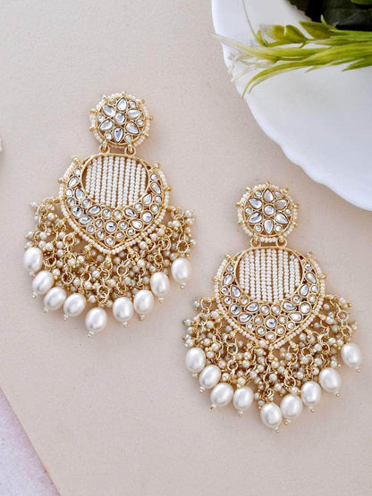 Ishhaara Creamy White Chandbali Kundan Pearl Earrings