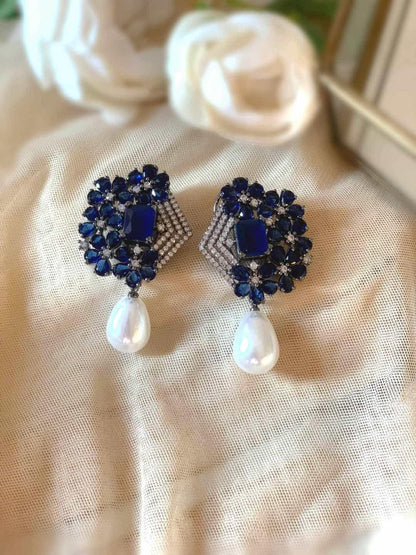 Ishhaara Dark Blue Crystal-Pearl Harmony Earring-White