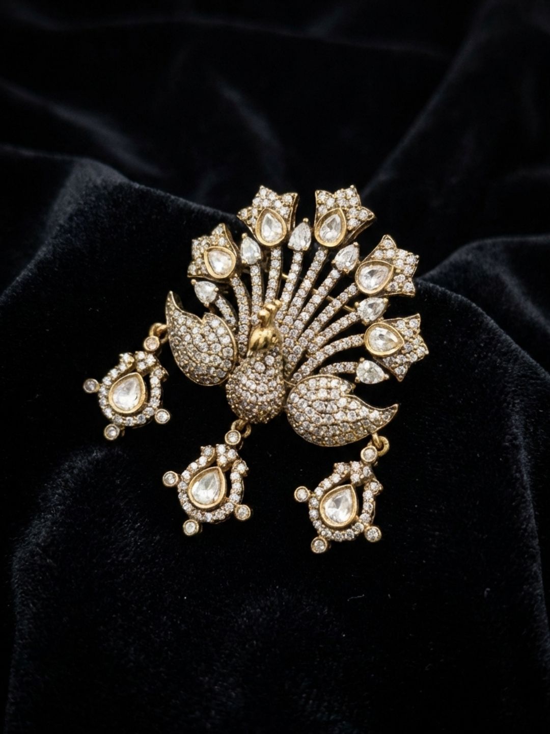 Ishhaara Designer Gold Plated Cz Peacock Brooch