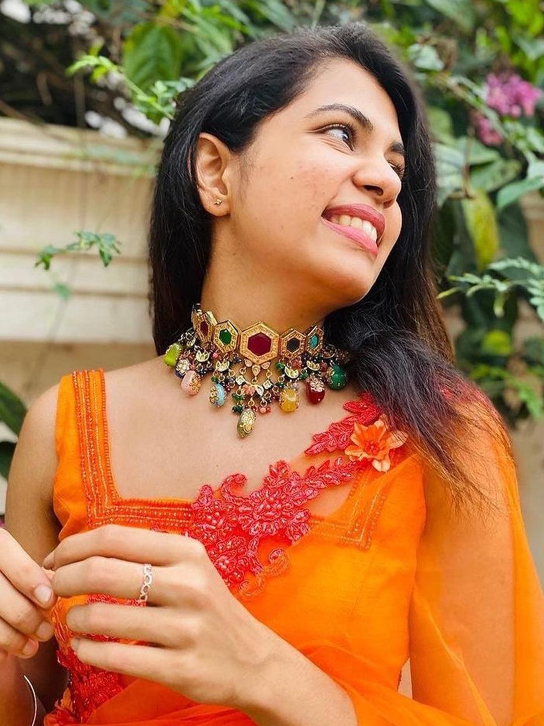 Ishhaara Diyakrishna In Multi Color Navratna Stone Choker Set