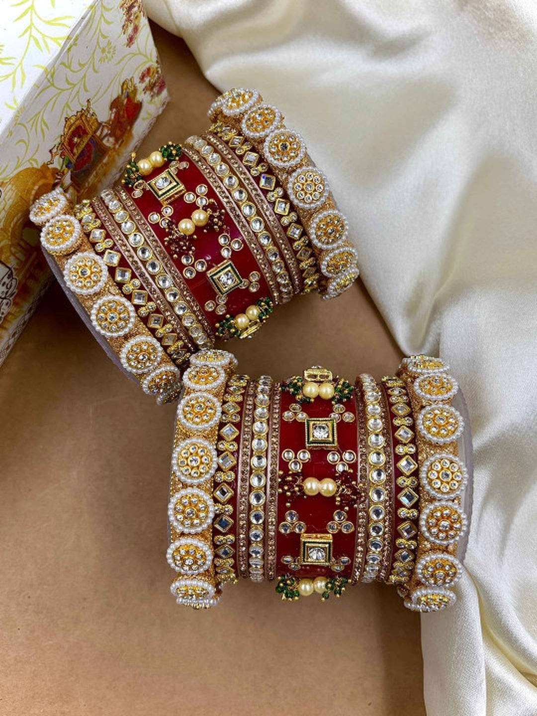 Ishhaara Embellished Red Bangle Set - a pair of intricately designed red and gold bangles with Kundan stones and pearls - view 3
