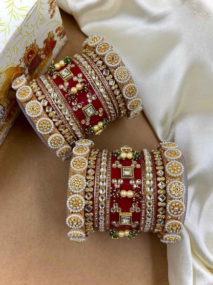 Ishhaara Embellished Red Bangle Set - a pair of intricately designed red and gold bangles with Kundan stones and pearls - view 3
