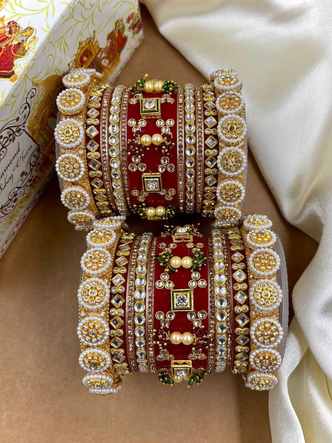 Ishhaara Embellished Red Bangle Set - a pair of intricately designed red and gold bangles with Kundan stones and pearls - view 4