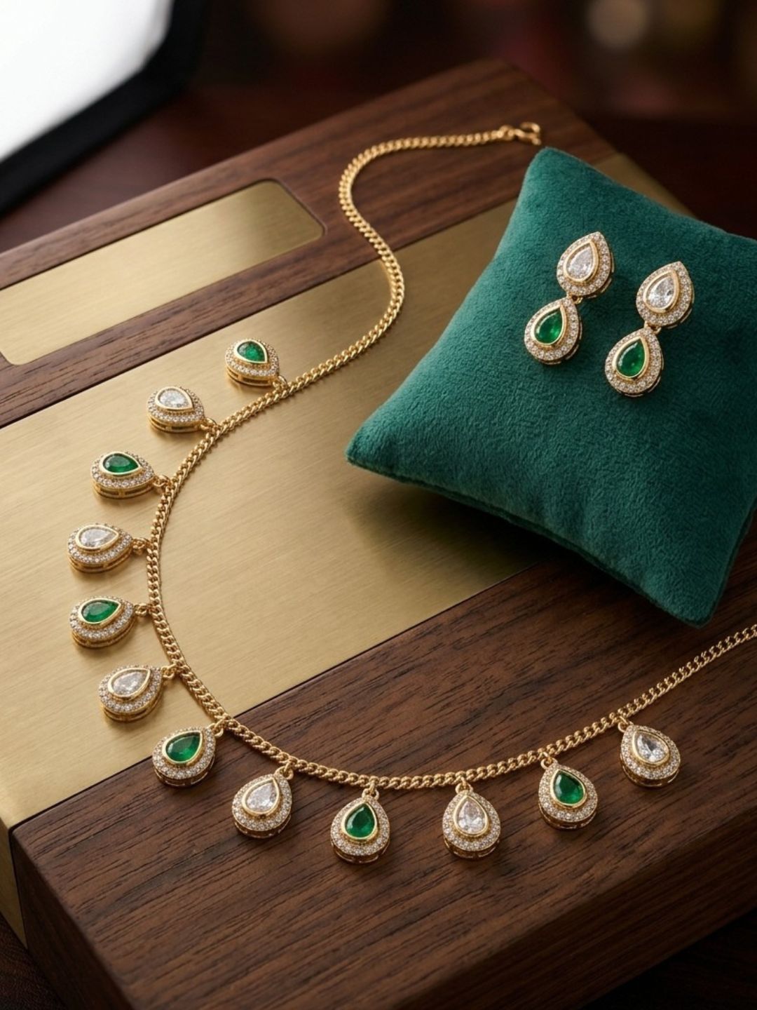 Ishhaara Emerald And Cubic Zirconia Teardrop Necklace