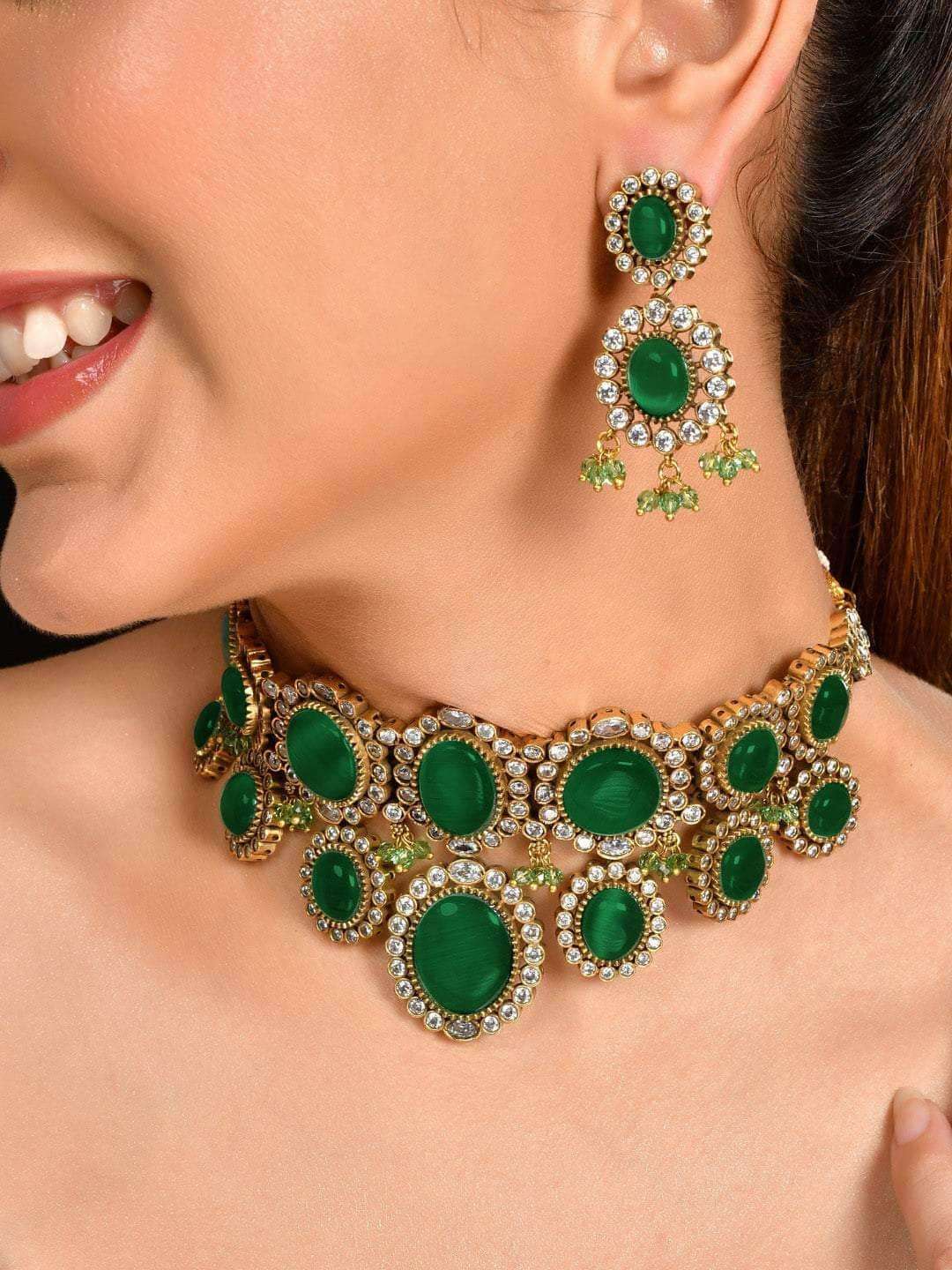 Ishhaara Emerald Green Kundan Pearl Necklace Set