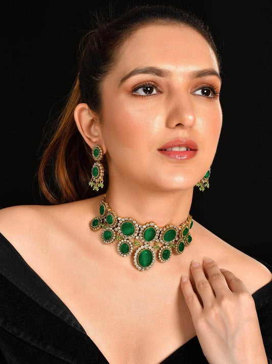 Ishhaara Emerald Green Kundan Pearl Necklace Set