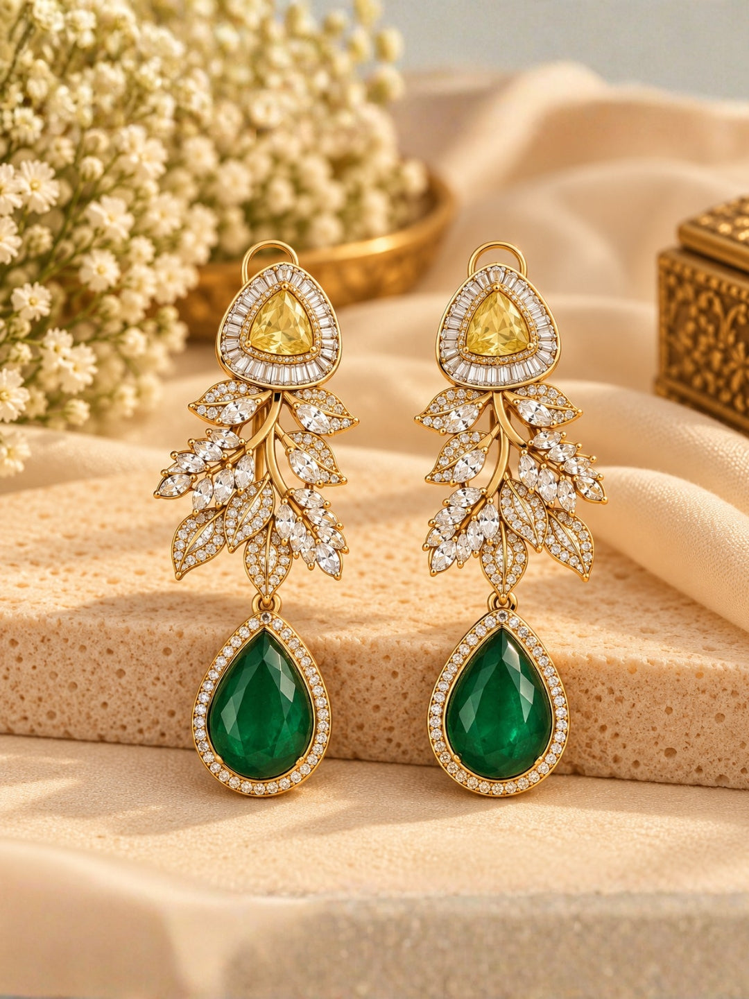 Ishhaara Emerald Leaf Cascade Earrings