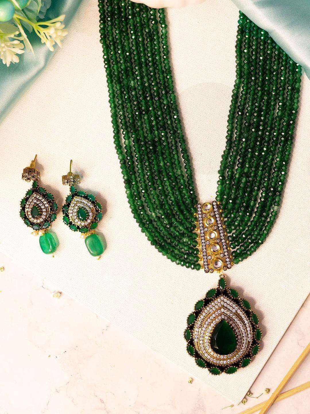 Ishhaara Emerald Long Victorian Pendant Set