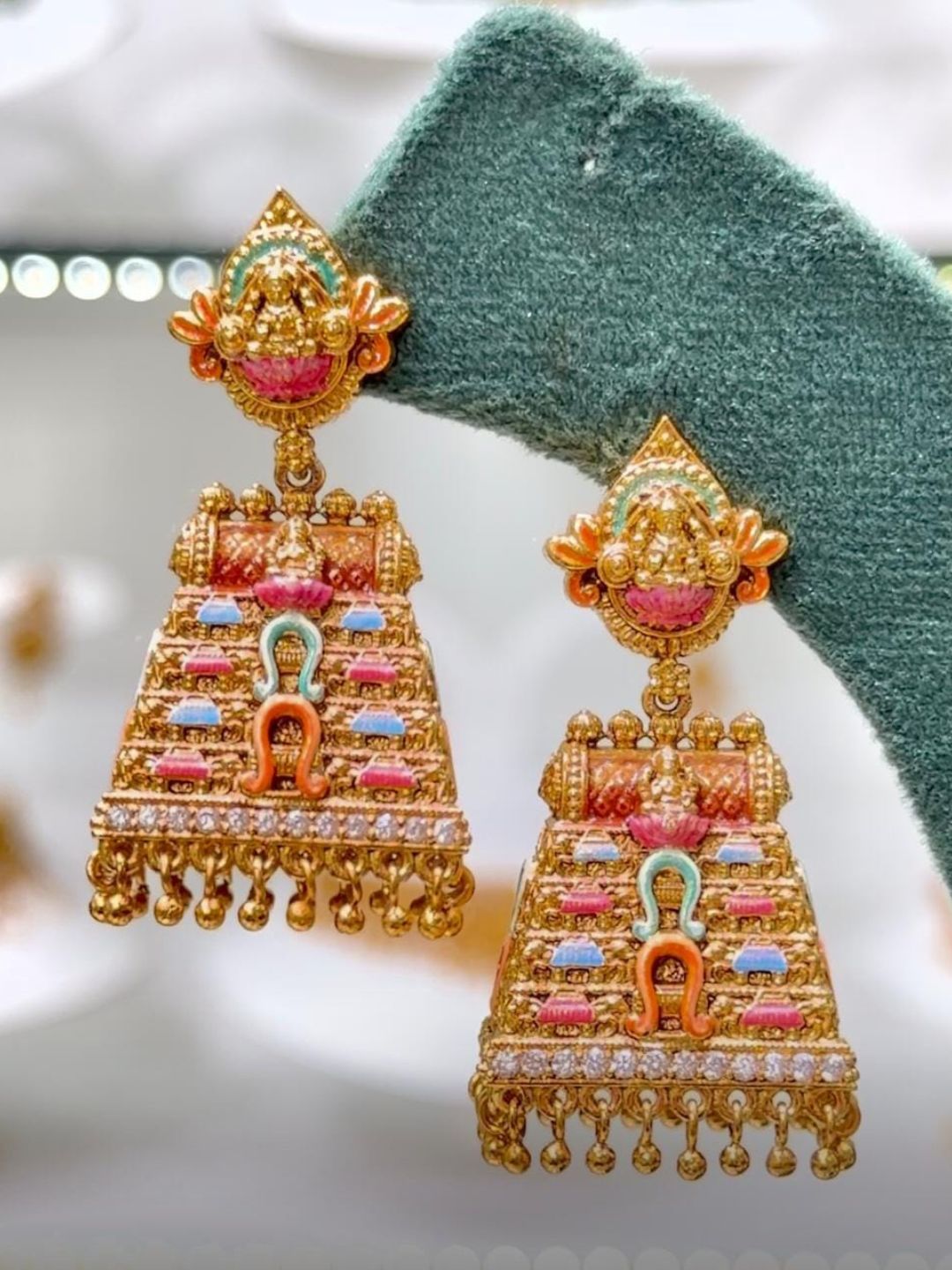 Ishhaara Enamel Gopuram Shaped Jhumka