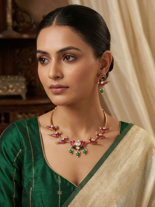 Ishhaara Enameled Lotus Necklace Set