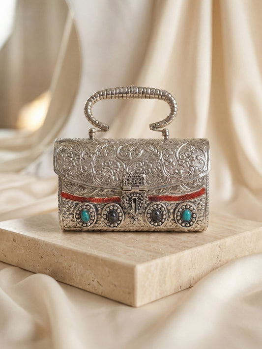 Ishhaara Exclusive Hand Carved High Quality German Silver Clutch