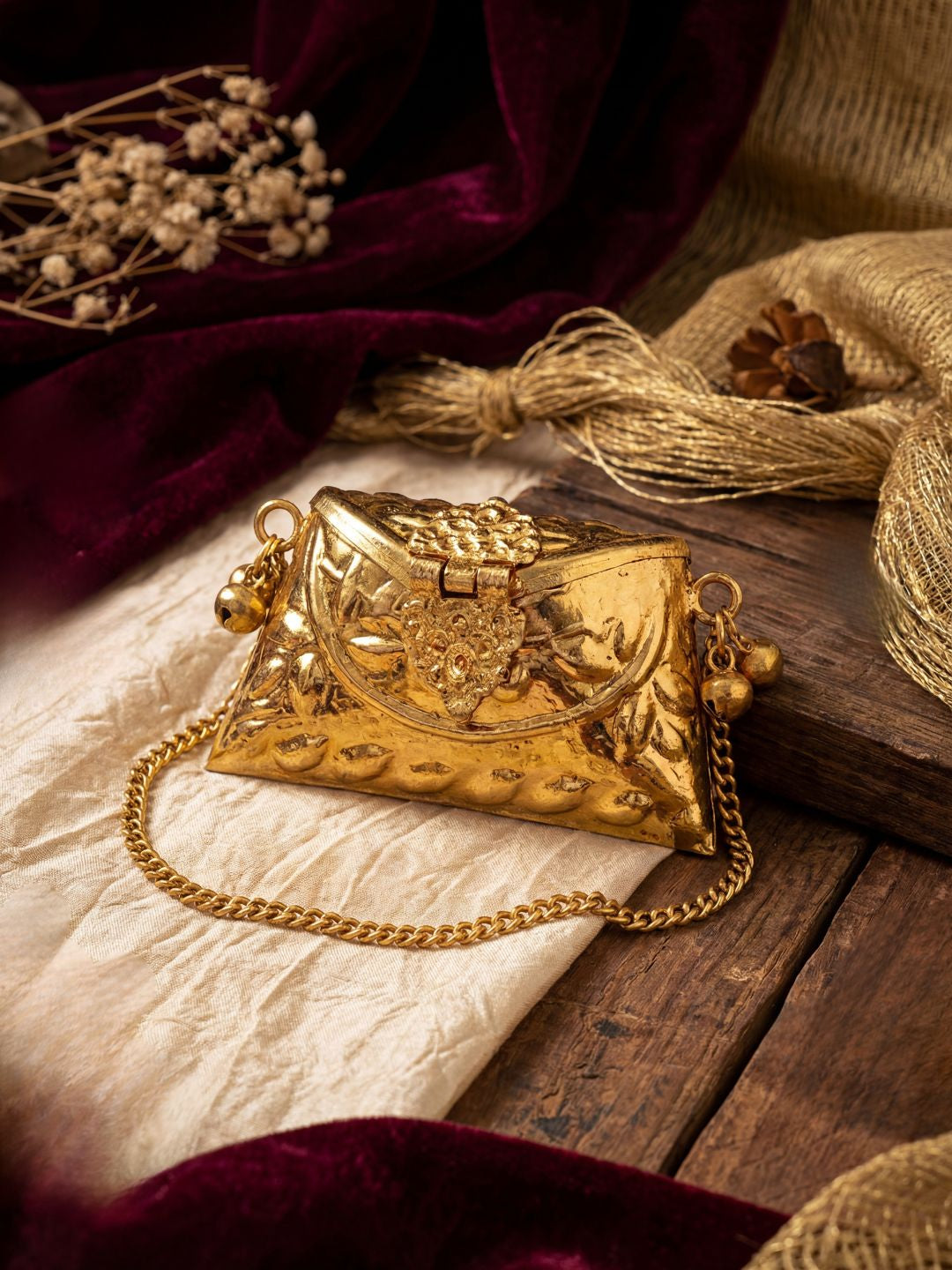 Ishhaara Exclusive Hand Carved High Quality Golden Silver Mini Clutch