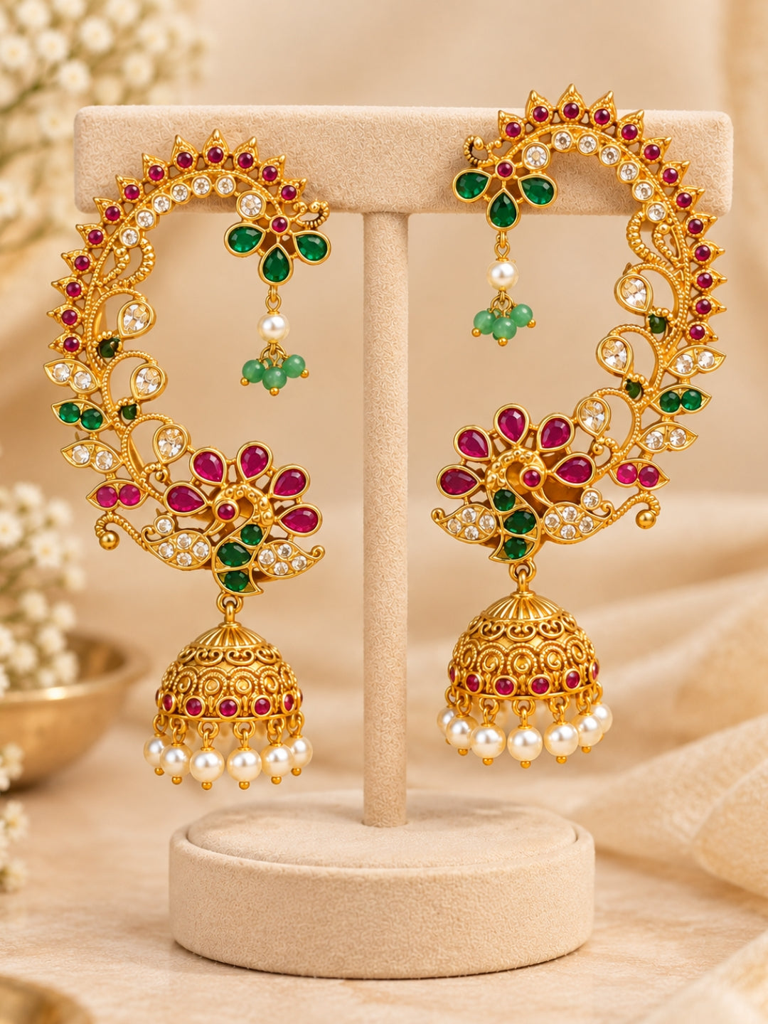 Ishhaara Exquisite Peacock Pearl Floral Earcuff