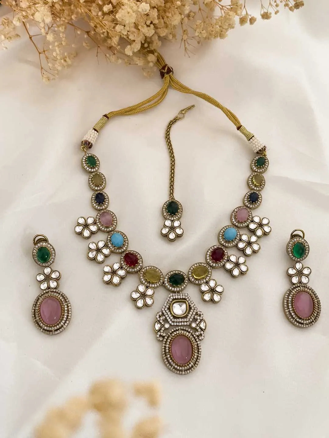 Ishhaara Gold Finish Multicolored Kundan Polki Necklace Set