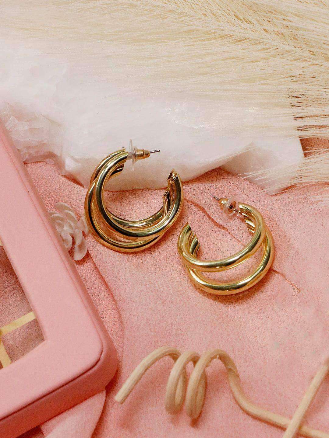 Ishhaara Rochelle Rao Sequeira In Triple Hoop Earrings Golden