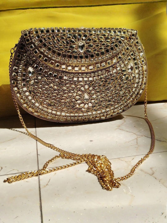 Ishhaara Golden Aura Metal Kundan Bag