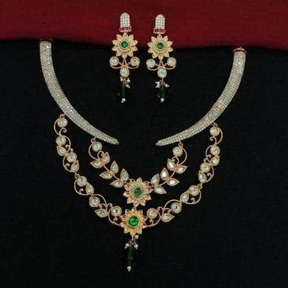 Ishhaara Ad Stone Kundan Leaf Necklace Set