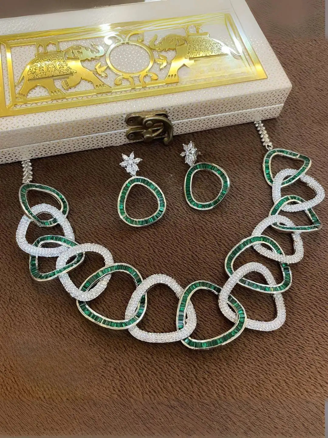 Ishhaara Green American Diamond Exquisite Necklace Set With Earrings