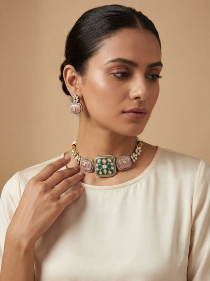Ishhaara Green Carved Stone Choker Necklace Set