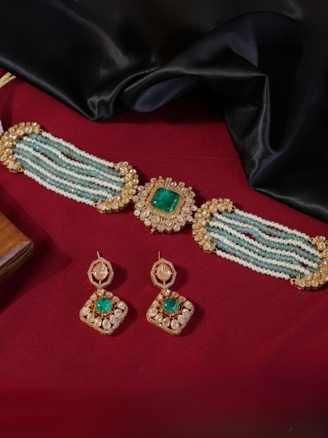 Ishhaara Green Cz Square Shaped Mint Green Choker Necklace Set