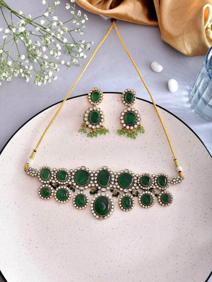 Ishhaara Emerald Green Kundan Pearl Necklace Set