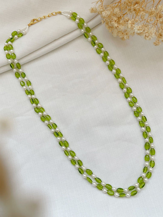 Ishhaara Green Layered Pumpkin Beads And Pearl Studded Mala