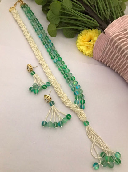 Ishhaara Green Multi Layered Pearl Embedded Necklace Set