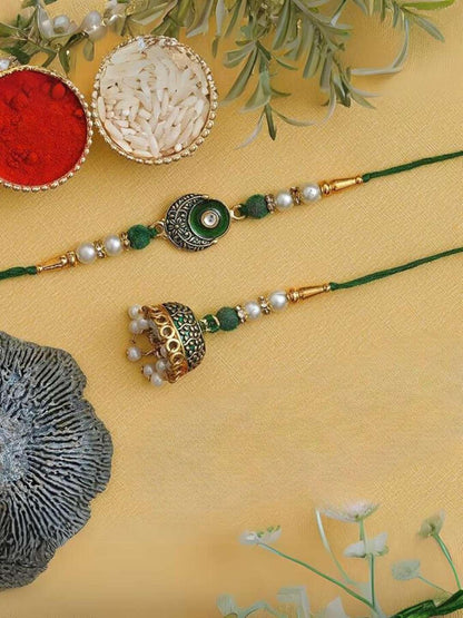 Ishhaara Green White And Golden Meenakari Bhaiya Bhabhi Rakhi
