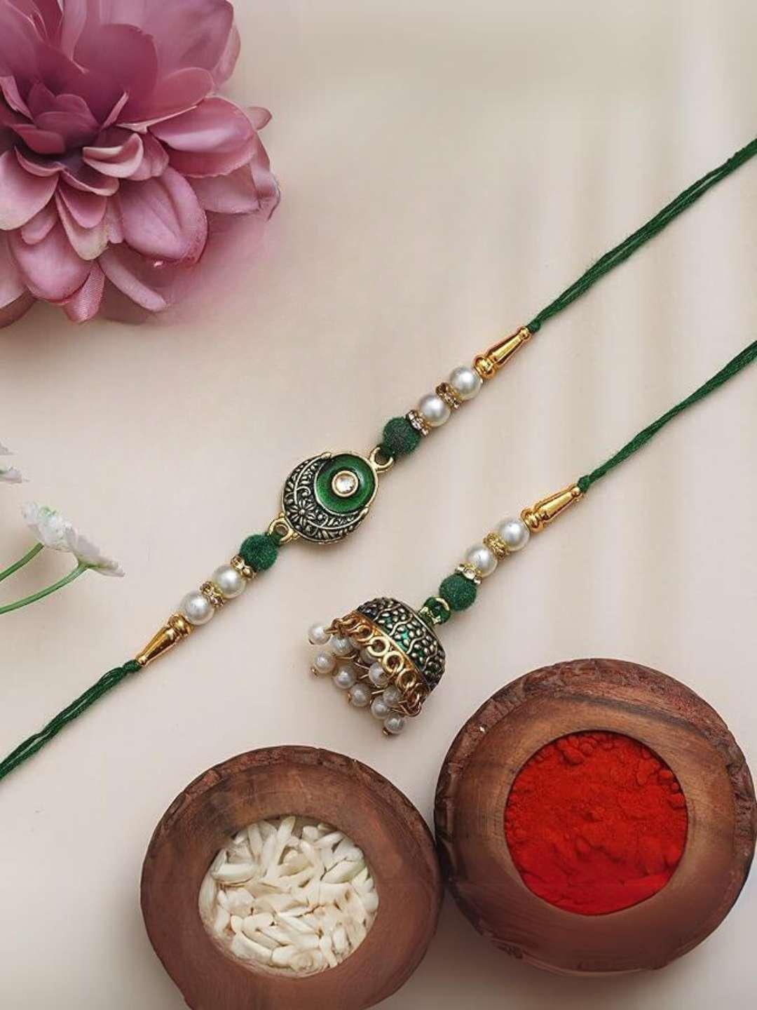 Ishhaara Green White And Golden Meenakari Bhaiya Bhabhi Rakhi