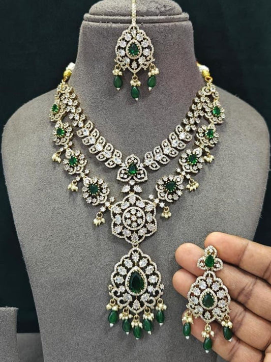Ishhaara Handcrafted Designer Emerald Stone Layered Necklace