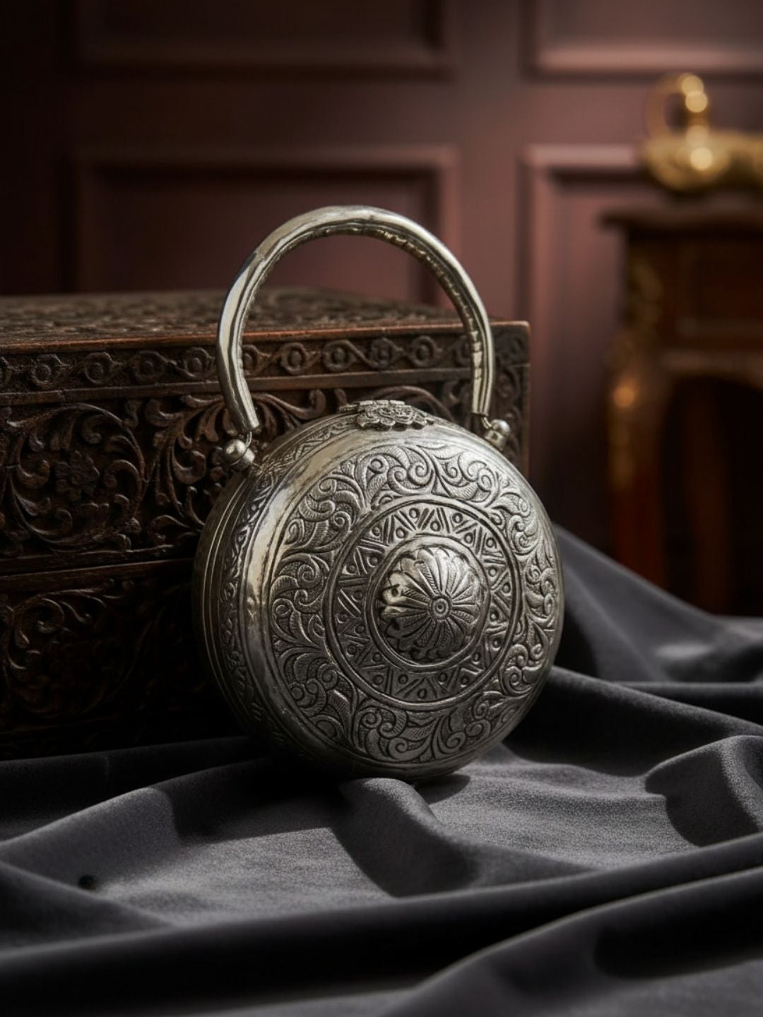 Ishhaara Handcrafted Round Antique Silver Metal Clutch Bag