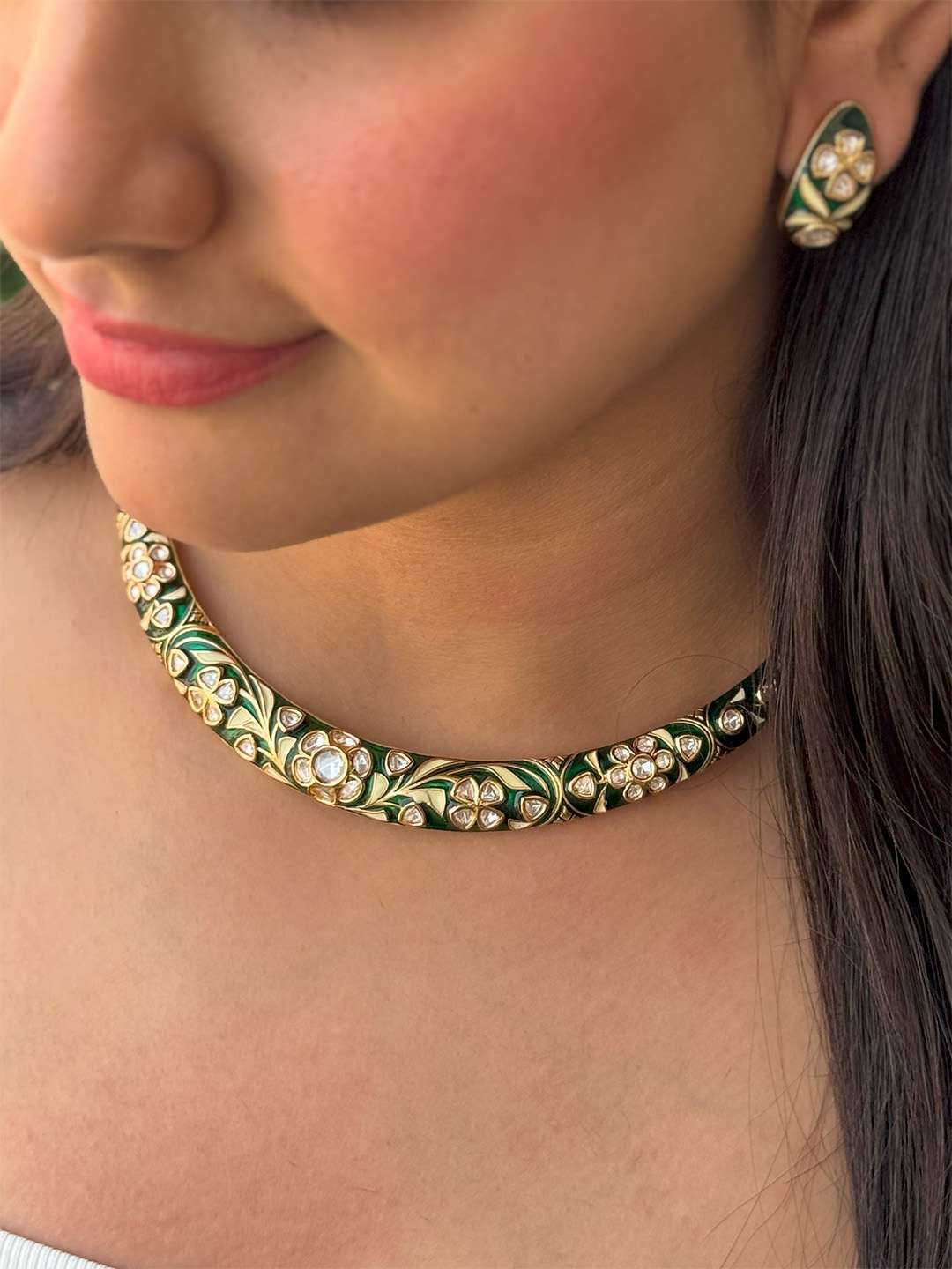 Ishhaara Imperial Green And Gold Enamel Choker Set